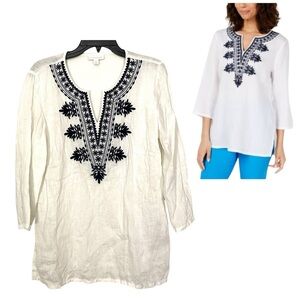 Charter Club V-Neck Tunic Top 100% Linen White Blue Embroidery Resort Size S